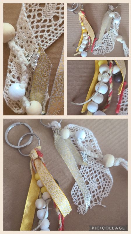 Porte clés perles bois plastique et fils 